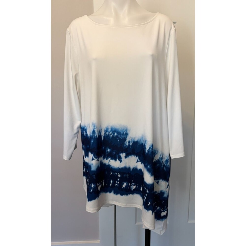 Chicos Womens Knit TOP 3/4 Sleeve White Blue Tie-Dye Hem Size 3 (XL)